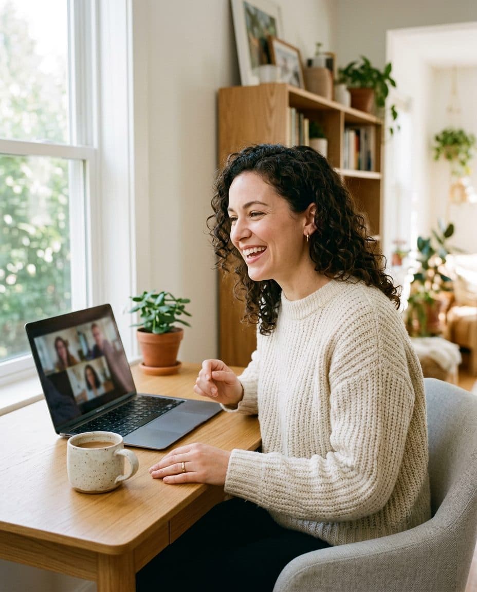 A product manager laughing on a video call at her desk while notes are taken for her